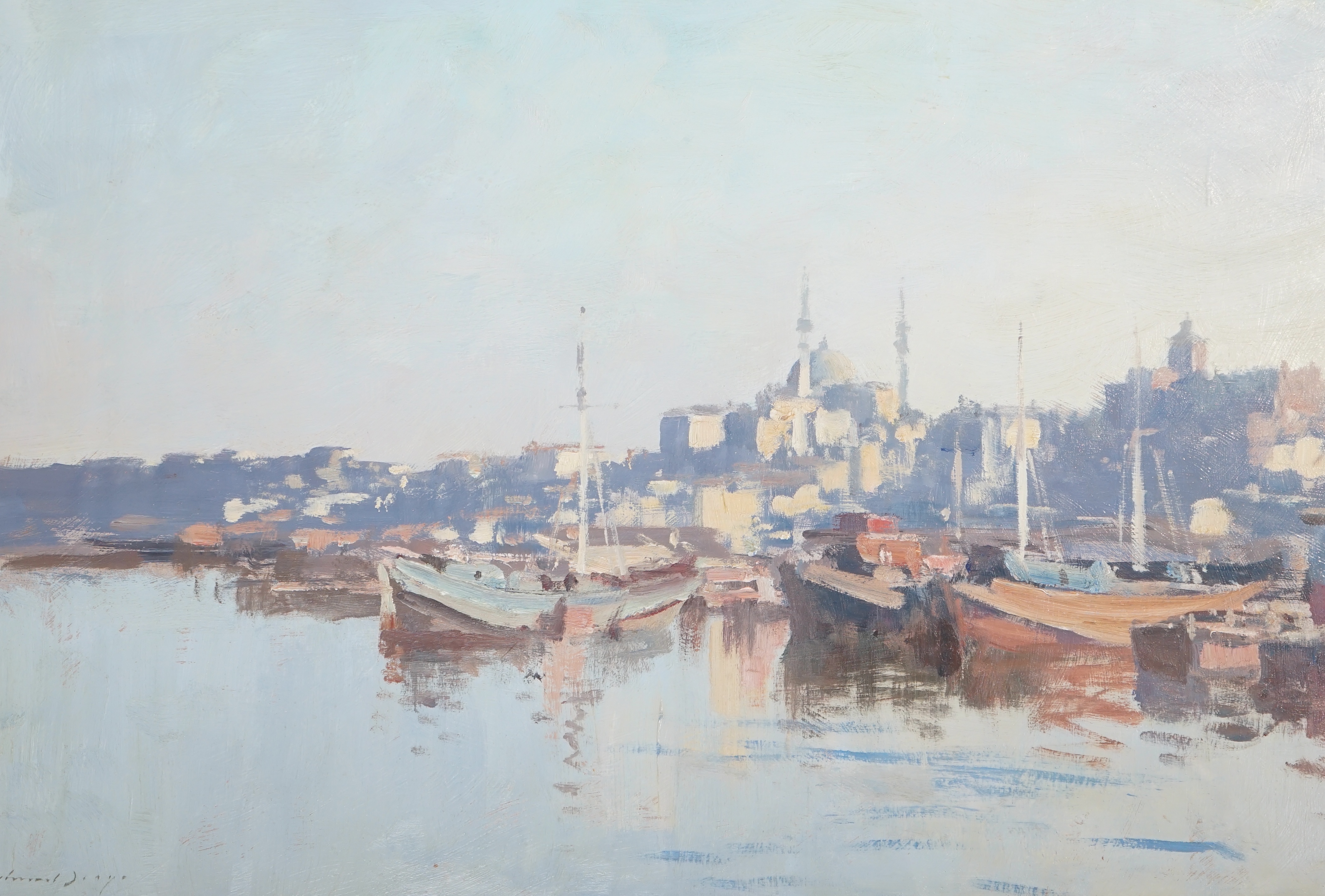 Edward Brian Seago RWS RBA (British, 1910-1974), 'A boatyard on the Golden Horn', oil on board, 50 x 75cm